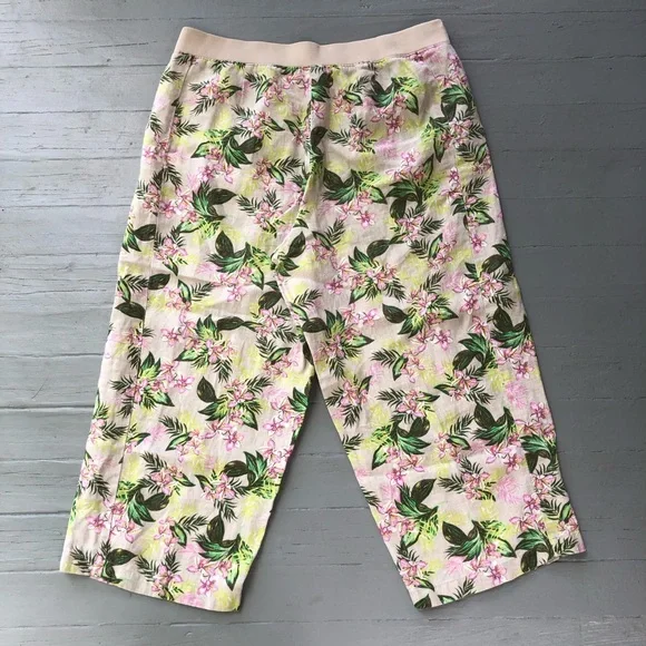 J Jill 100% Linen Pants Size L Flax Orchid Floral Tan Green Wide Leg Crop - Picture 8 of 12